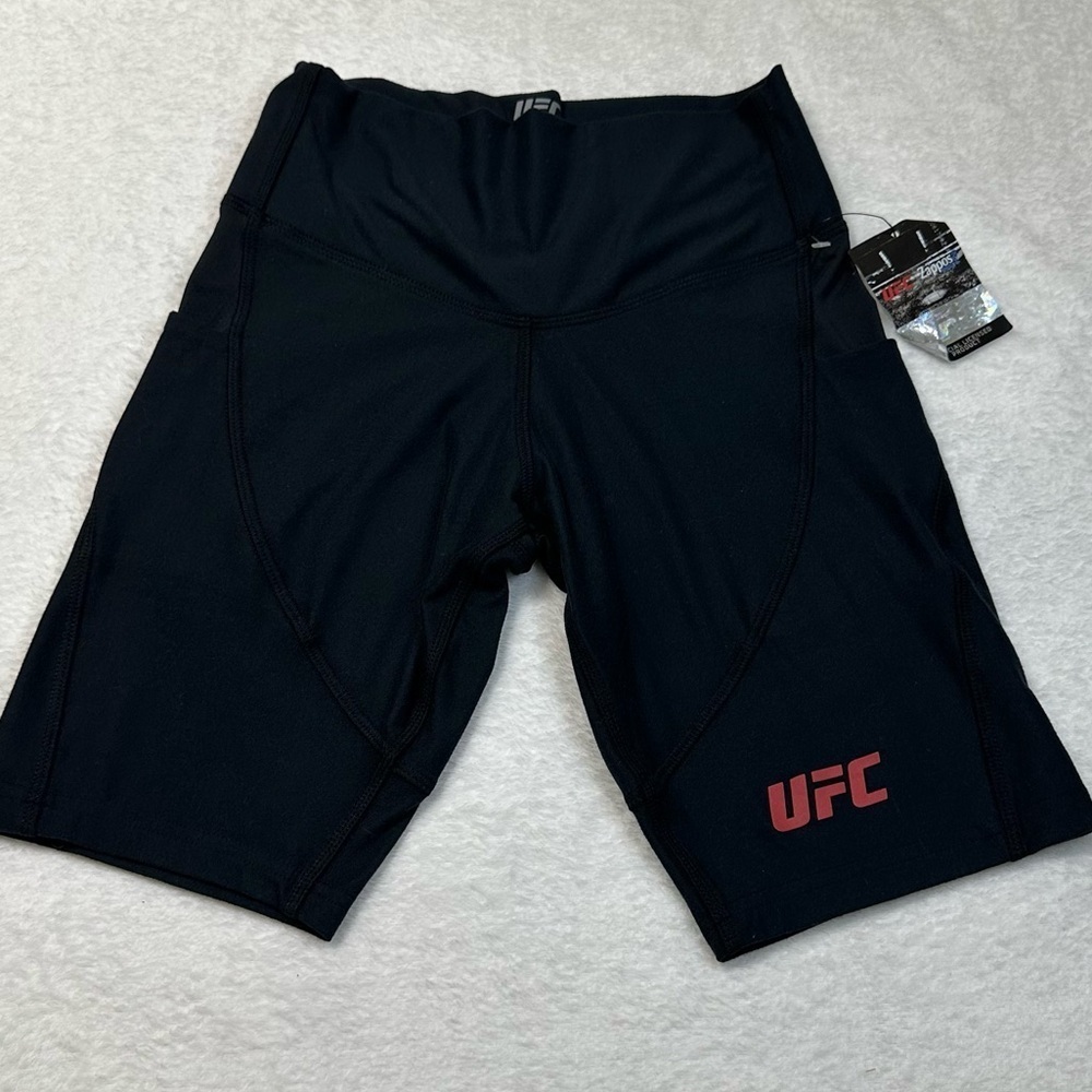 UFC Women's Black Bike Shorts with Red Logo and Side Pockets - Picture 6 of 12